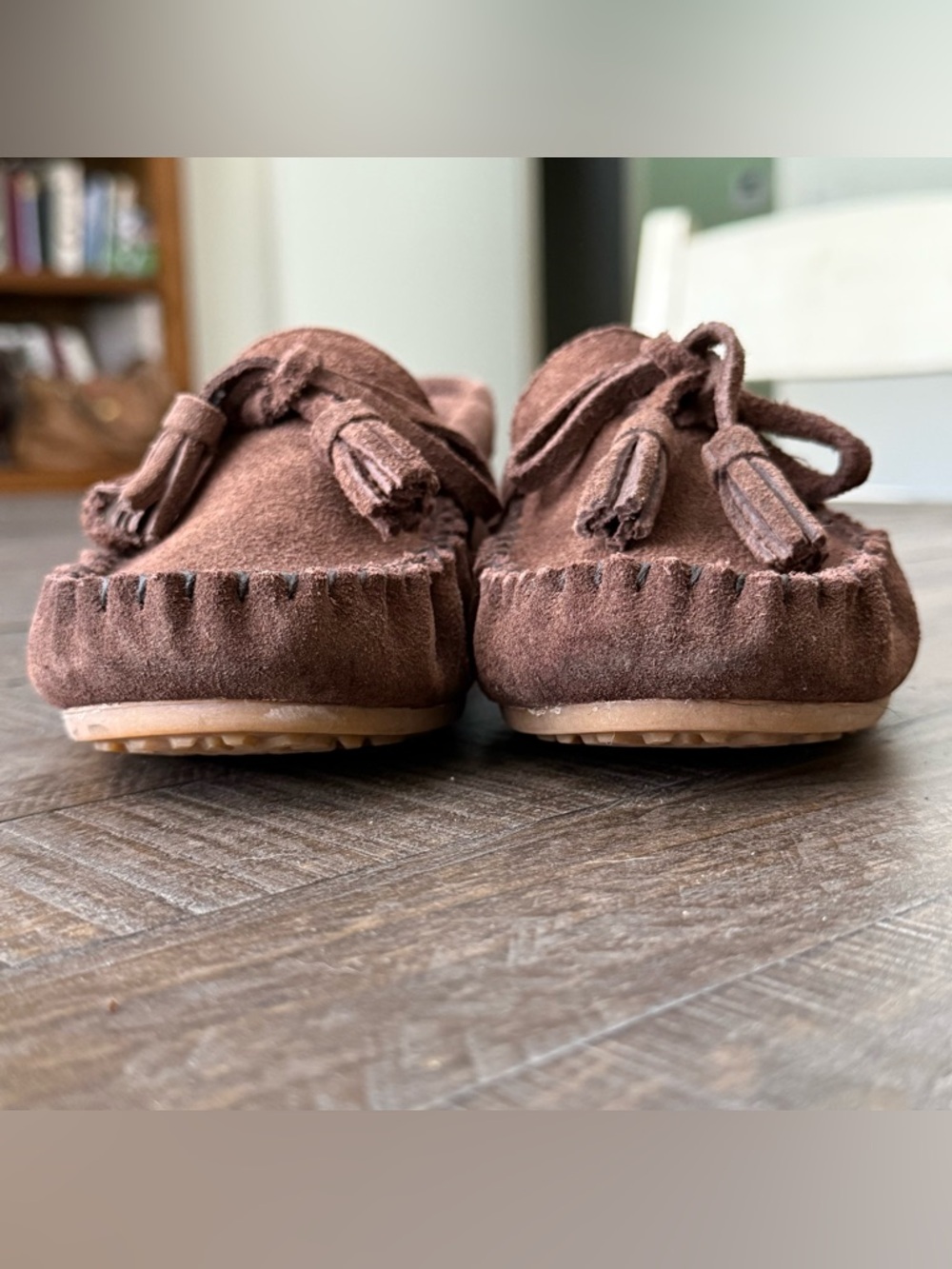 Women's Brown Suede Tassel Moccasins with Peace Logo - Picture 10 of 15